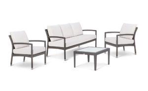 FLO LOUNGE SET <br>3 SEATER SOFA <br>2 LOUNGE CHAIRS <br>COFFEE TABLE 75X75CM <br>INC FROSTED GLASS INSERT