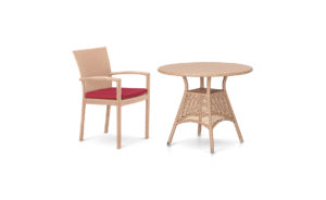 BEACH DINING SET <br>2 CLASSIC ARM CHAIRS & TABLE Ø90CM <br>INC CLEAR GLASS TOP